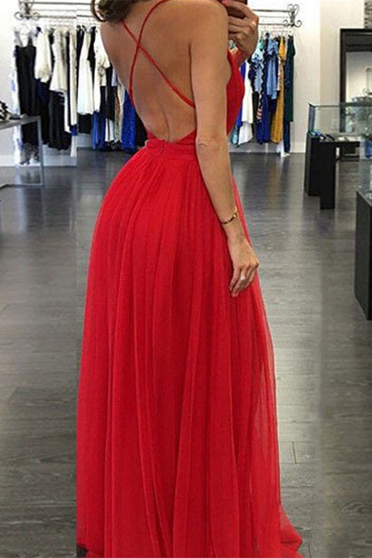 Gorgeous Red Deep V-Neck Long Prom Dress Tulle With Slit