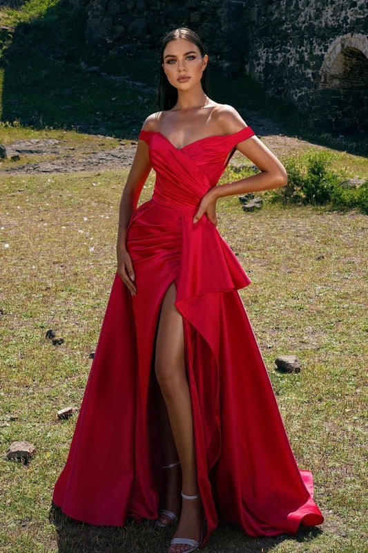 Chic Off-the-Shoulder Red Prom Dress Long Split With Ruffle