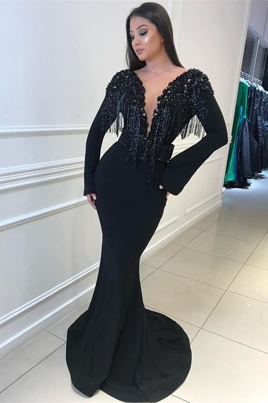 Gorgeous Black V-Neck Long Sleeves Mermaid Prom Dress Open Back With Tassels