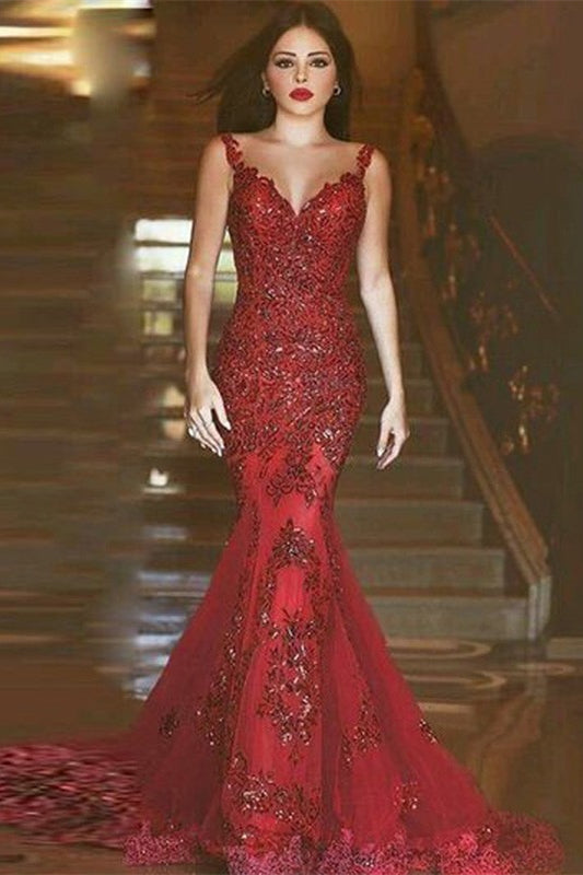 Gorgeous Burgundy Lace Appliques Prom Dress Mermaid Party Gowns