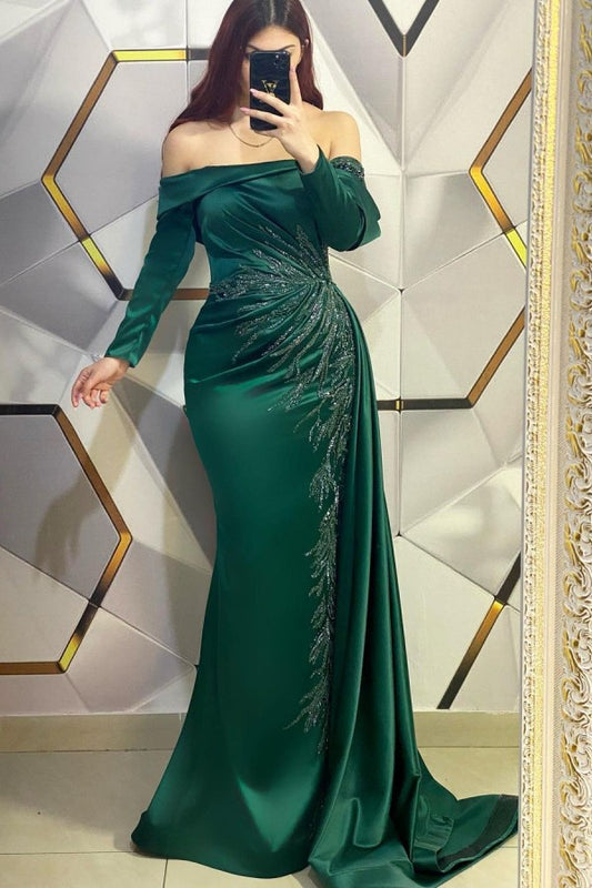 Chic Green Off-The-Shoulder Long Sleeves Mermaid Prom Dress Beadings