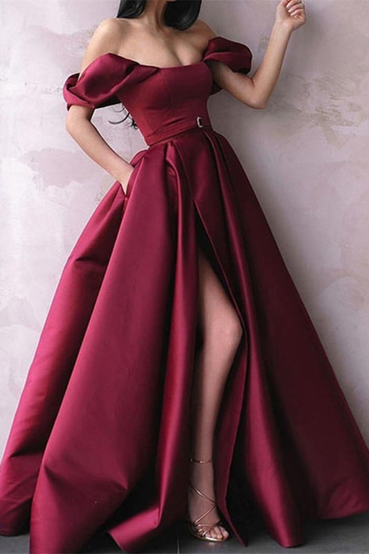 Burgundy Off-the-Shoulder Slit Prom Dress With Pockets