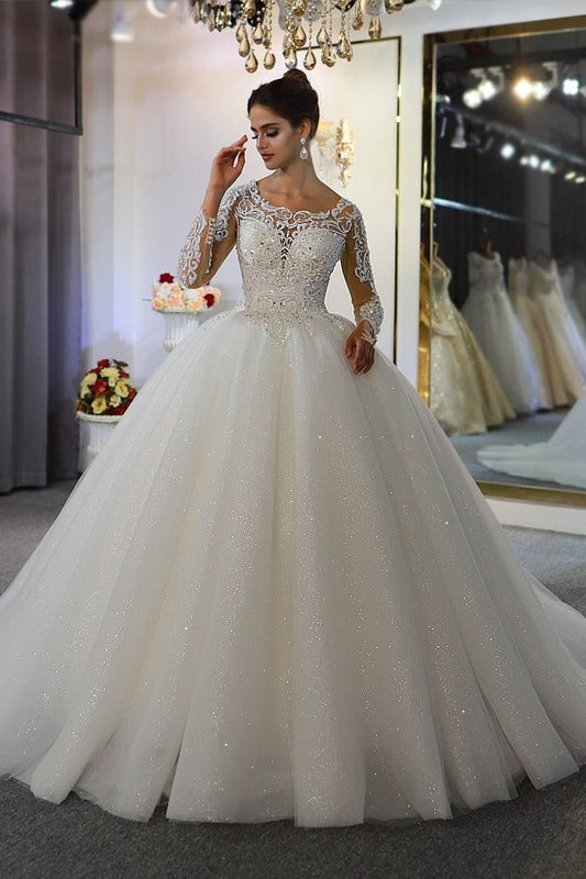Sophisticated Floor-length A-Line Wedding Gown with Bateau Neckline, Long Sleeves, and Lace Appliques Sequins