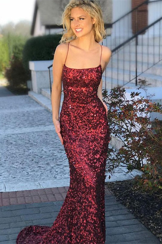 Gorgeous Burgundy Sequins Mermaid Prom Dress Spaghetti-Straps