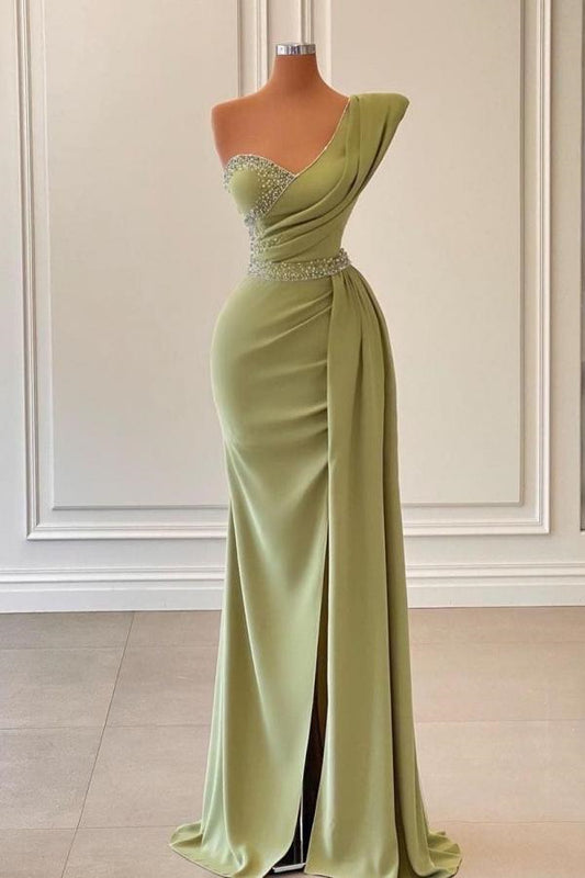 Modern One Shoulder Sage Mermaid Prom Dress Long Ruffles With Beads