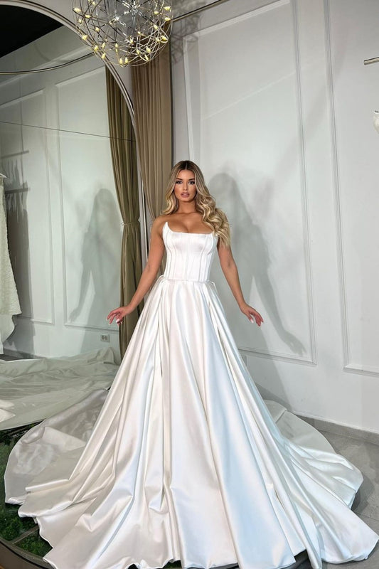 Sleeveless A-Line White Charmeuse Long Wedding Prom Dress