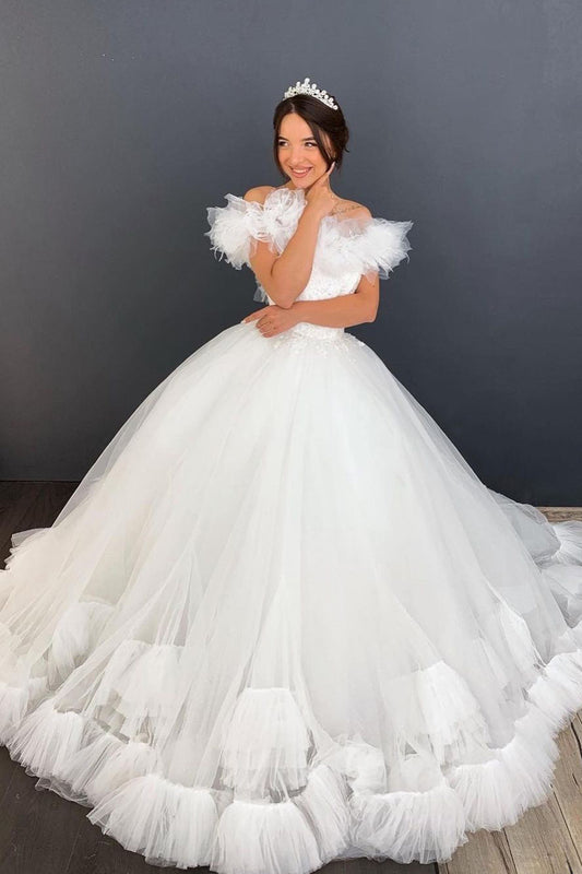Elegant Off-The-Shoulder Pleated Ball Gown with Tulle Ruffles