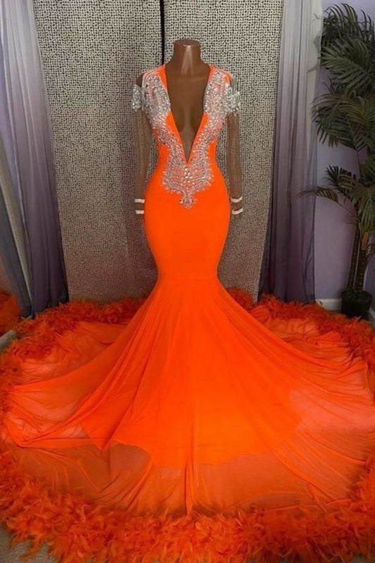 Classic Orange Long Sleeves Prom Dress Mermaid V-Neck With Crystals Feathers