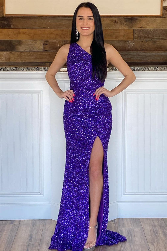 Charming One Shoulder Sleeveless Mermaid Prom Dress Sequins With Split Long