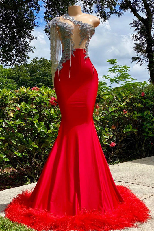 Classic Red Long Sleeves Prom Dress Mermaid Prom Dress With Feather Appliques