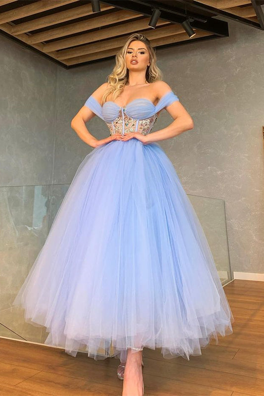 Fabulous Off-the-Shoulder Tulle Prom Dress Sweetheart With Crystal