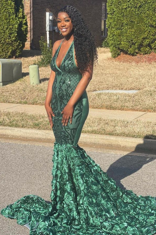 Classy Green V-Neck Sleeveless Prom Dress Sequins Flowers Bottom