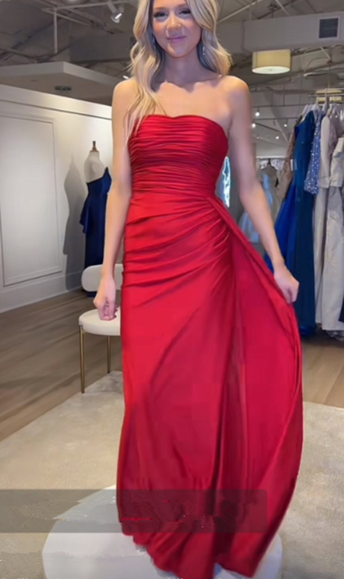 Beautiful Red Strapless Prom Dresses Mermaid Long With Pleats