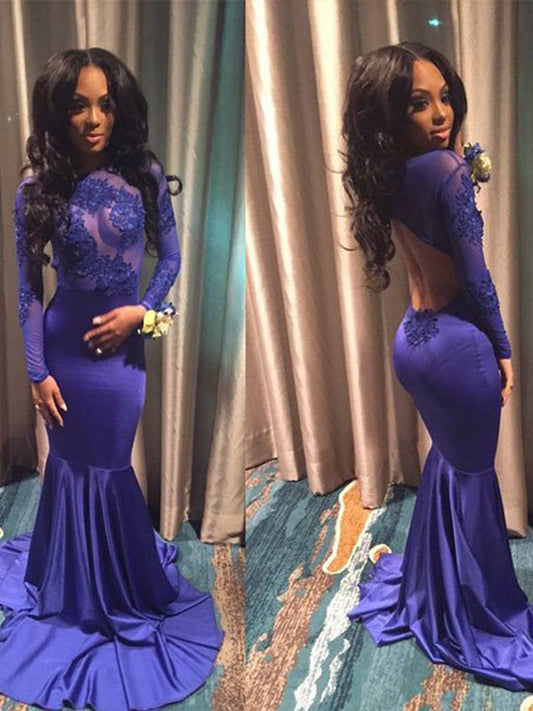 Chic Long Sleeves Open Back Prom Dress Mermaid With Lace Appliques