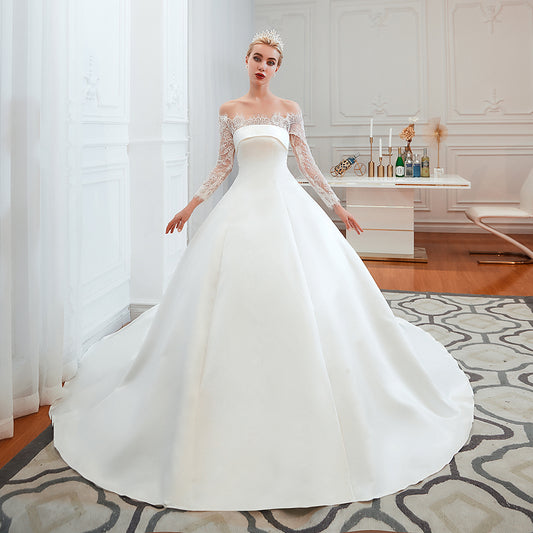Elegant A-Line Satin Wedding Dress with Off-the-Shoulder Lace Long Sleeves