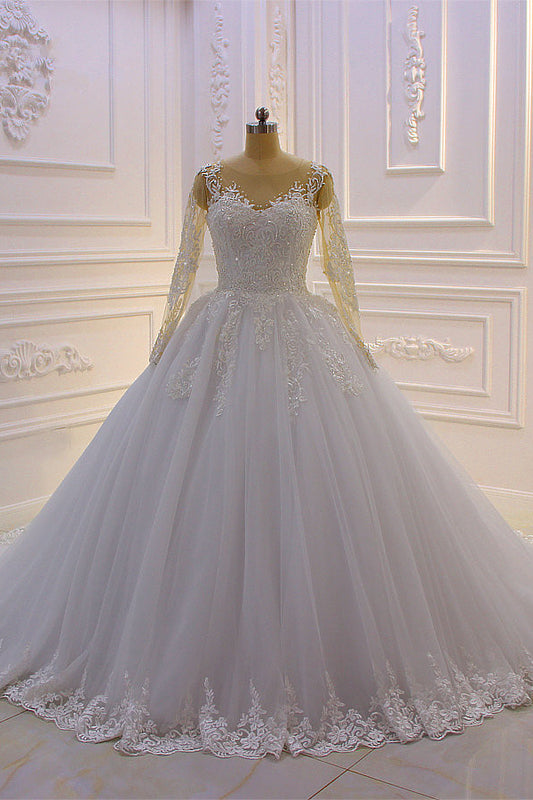 Graceful Long-Sleeve Lace A-Line Bateau Bridal Gown Featuring Pearl Tulle Appliques