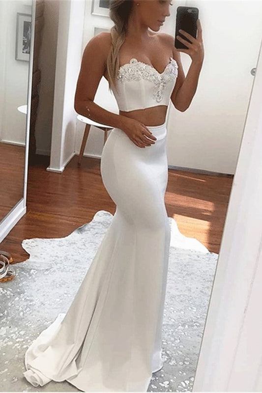 Amazing Two Pieces White Mermaid Prom Dress With Appliques
