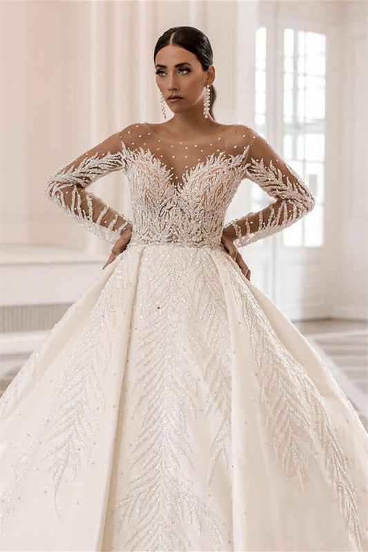 Bateau Neckline Ball Gown Wedding Dress with Long Sleeves and Applique