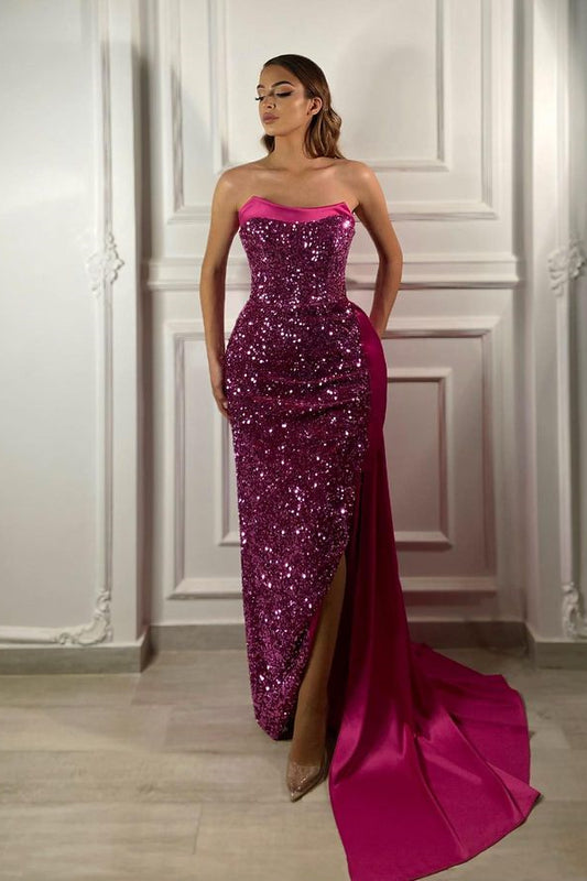 Glamorous Strapless Sequins Prom Dresses Long Ruffles With Slit