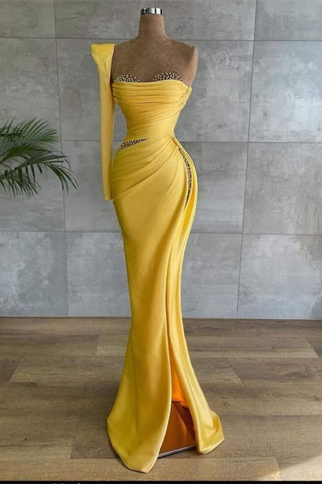 Gorgeous Yellow Sweetheart Mermaid Prom Dress Split With Beads