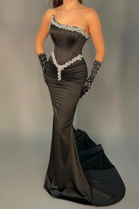 Charming Strapless Black Mermaid prom Dress Long With Beads