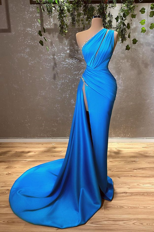 Beautiful Ocean Blue One Shoulder prom Dress Mermaid With Split