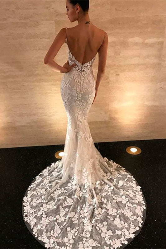 Long Mermaid Wedding Dress with Backless Spaghetti Straps and Lace Appliques