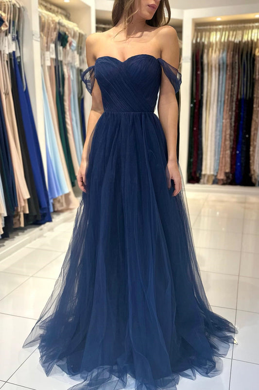 Modern Dark Navy Off-The-Shoulder Sweetheart A-Line Prom Dress Tulle