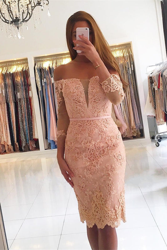 Gorgeous Off-the-Shoulder Long Sleeves Short Prom Dress Sheath Lace Appliques