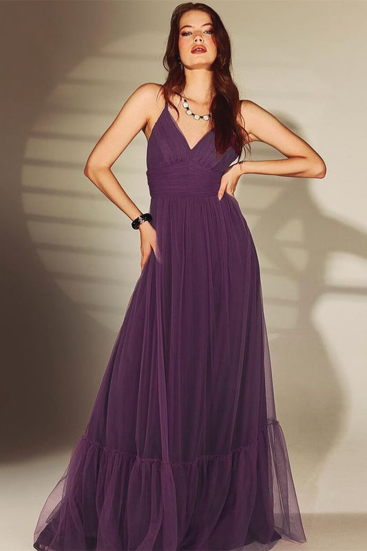 Shine Dark Purple V-Neck Spaghetti-Straps Evening Dress Online