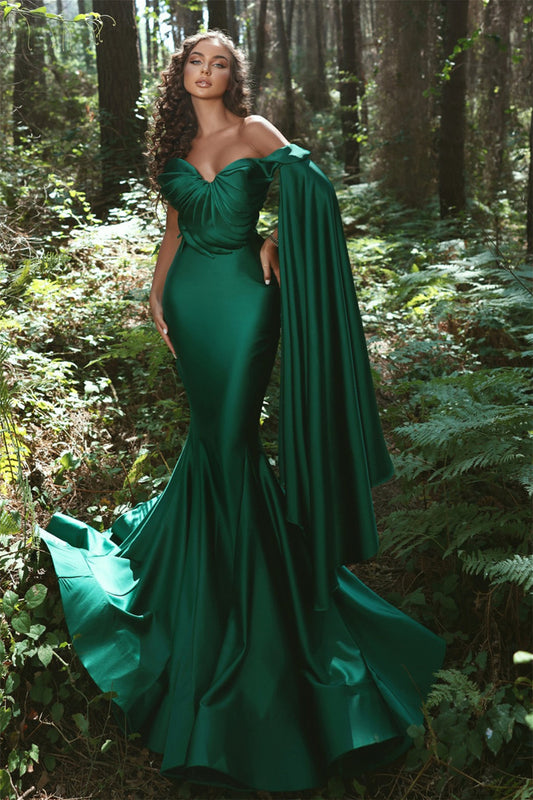 Classic Emerald Green Mermaid Prom Dress Ruffles Sleeve Sweetheart Long