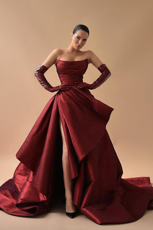 Fabulous Strapless Burgundy Prom Dress Pleats High Split Long