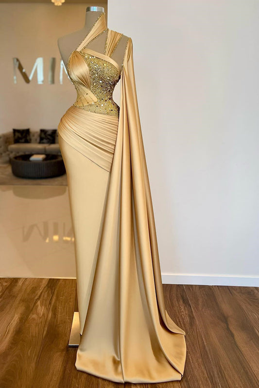 Classic One Shoulder Ruffle Prom Dress Mermaid With Beads