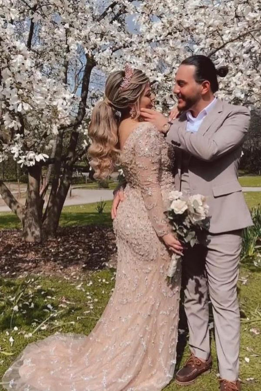 Elegant V-neck Mermaid Wedding Gown with Long Sleeves and Slit