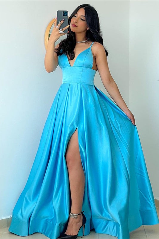 Gorgeous Spaghetti-Straps Ocean Blue Prom Dress Long With Slit