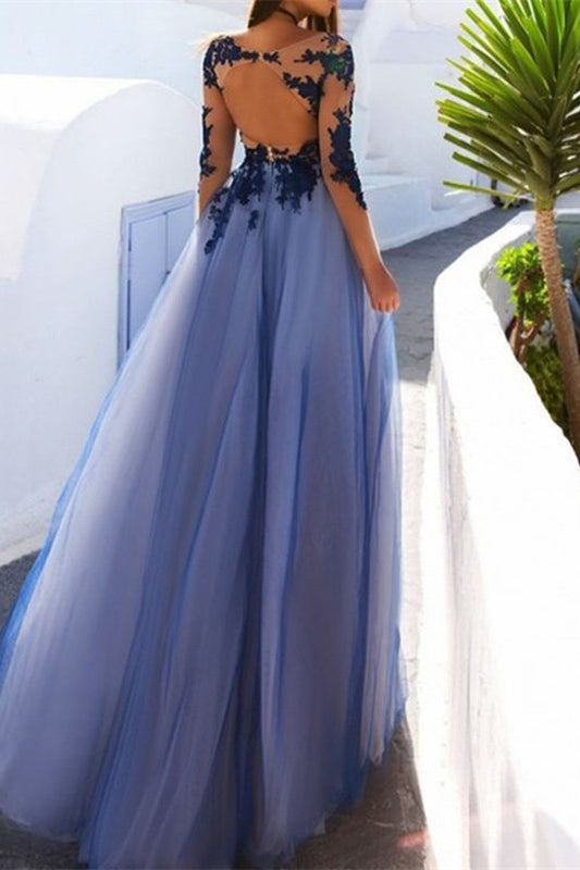 Gorgeous Long Sleeve Appliques Prom Dress Tulle Long Party Gowns
