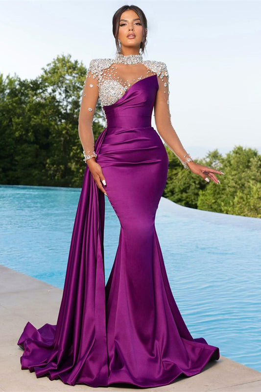 Modern High Neck Purple Prom Dress Mermaid Long Sleeves With Crystal