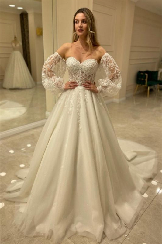 Bubble Sleeve Tulle Wedding Dress With Sweetheart Neckline and Lace