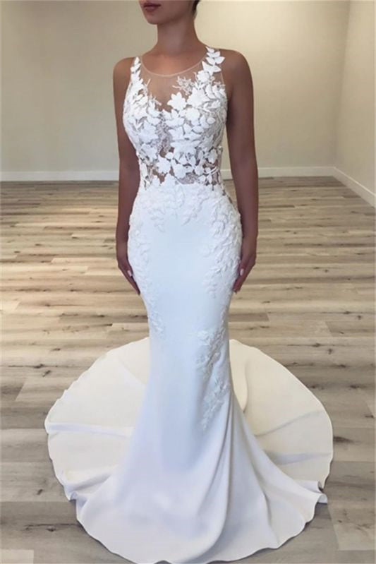 Long Sleeveless Mermaid Wedding Dress with Lace Appliques in Jewel