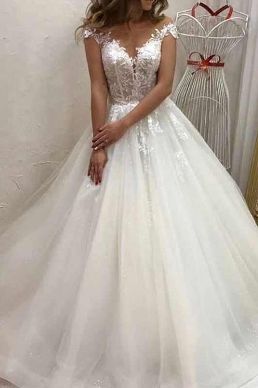 Elegant Sweetheart Neckline Off-the-Shoulder A-Line Bridal Gown with Lace Appliques and Tulle Train