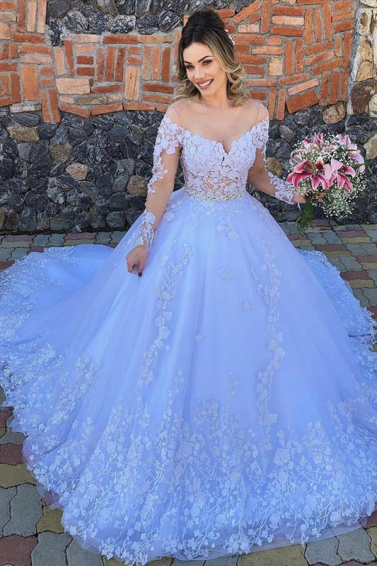 Princess Wedding Dress with Off-the-shoulder Sleeves in Tulle