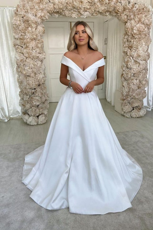 Elegant A-line Satin Wedding Gown with Off-The-Shoulder Design