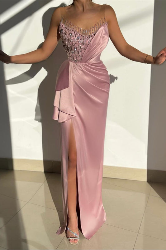 Modern Pink Sleeveless Scoop Mermaid Prom Dress Beads With Split