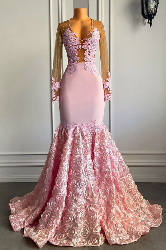 New Arrival Pink Long Sleeves Prom Dress Mermaid Lace Appliques With Flowers