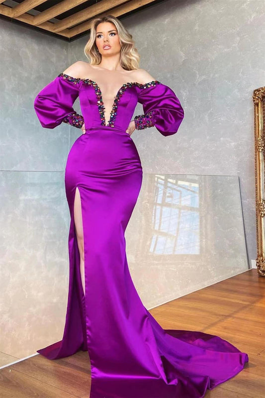 Glorious Purple Long Sleeves Mermaid Prom Dress Off-the-Shoulder Slit With Crystal