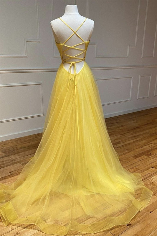 Fabulous Yellow Spaghetti-Straps Tulle Prom Dress String Back