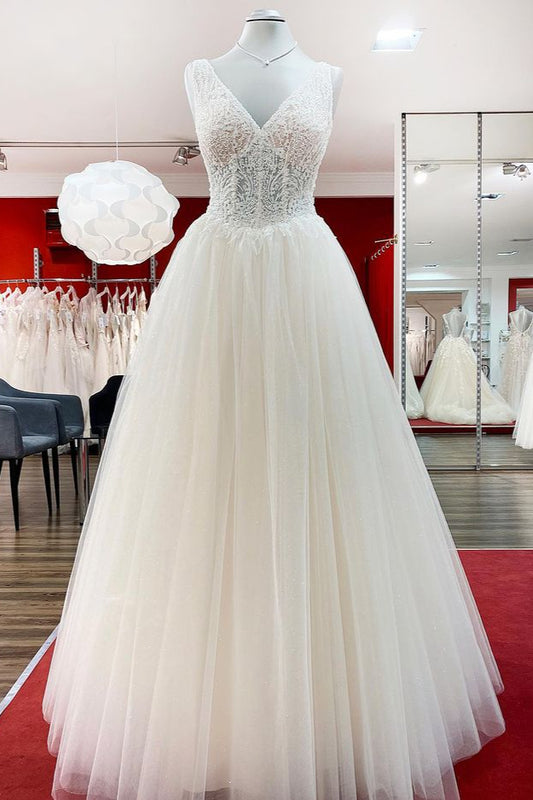 Elegant Ivory Princess Wedding Dress with V-neck, Long Ruffles, and Tulle Lace