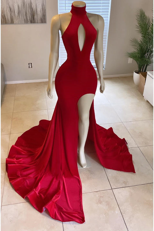 Modern High Neck Red Mermaid Prom Dress Long Split With Sleeveless