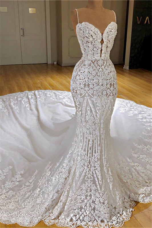 Elegant Mermaid Wedding Gown with Spaghetti Straps and Lace Train Appliques