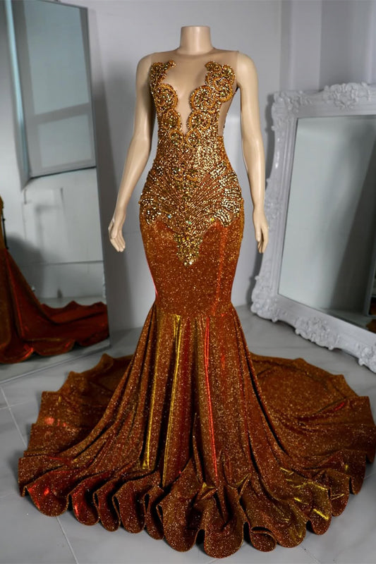 Modern Burnt Orange Sleeveless Prom Dress Mermaid Long With Beadings